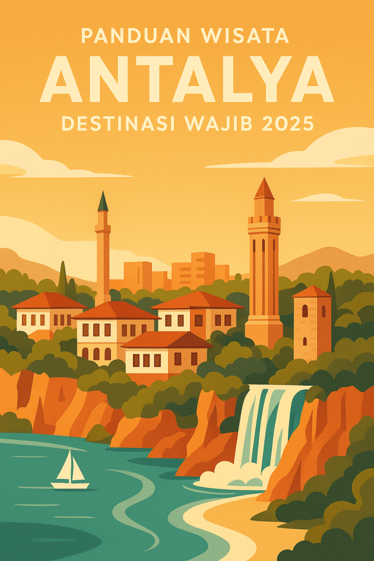 Ilustrasi digital flat-style modern menampilkan Antalya 2025, dengan panorama Kaleiçi kota tua, pantai Konyaaltı berair biru jernih, serta Air Terjun Düden yang mengalir langsung ke laut, bergaya travel poster penuh warna.