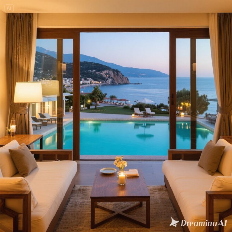 Ilustrasi hotel boutique di Antalya dengan arsitektur klasik Ottoman, taman hijau, dan pemandangan Laut Mediterania.