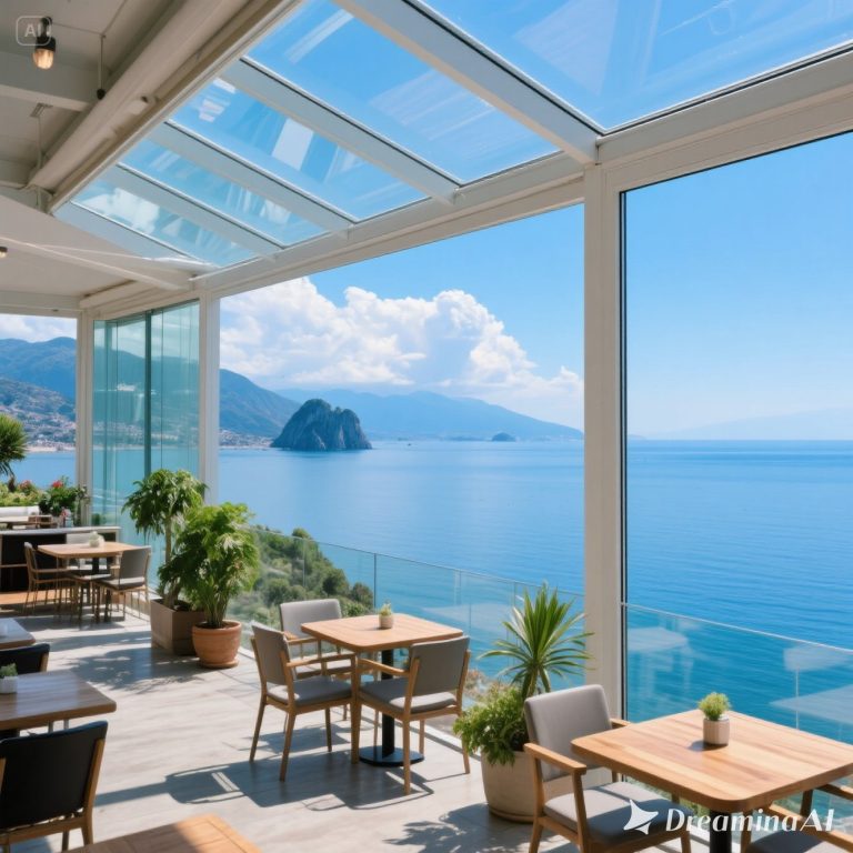 Ilustrasi cafe di tepi pantai Antalya dengan meja outdoor menghadap laut Mediterania dan pemandangan sunset.