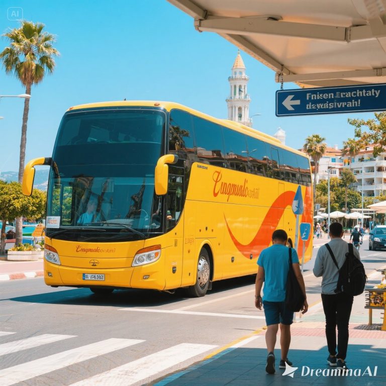 Ilustrasi transportasi di Antalya termasuk tram, bus, taksi, dan dolmuş dengan latar pantai Mediterania.