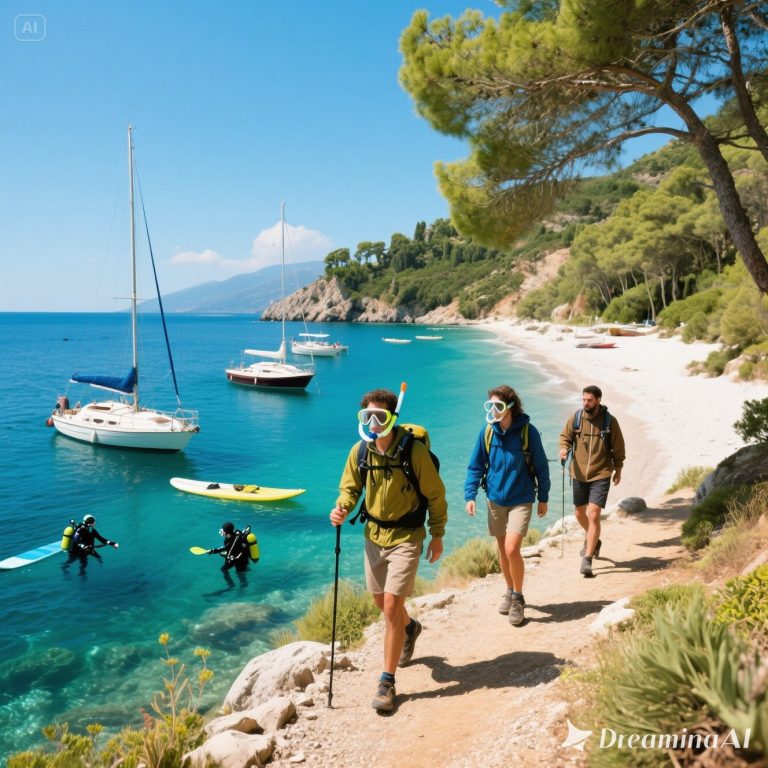 Ilustrasi aktivitas outdoor di Antalya: hiking, paragliding, diving, rafting, dan bersepeda dengan latar pantai Mediterania.