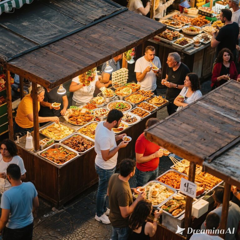 Ilustrasi street food Antalya dengan simit, kumpir, döner kebab, dan dessert manis khas Turki.