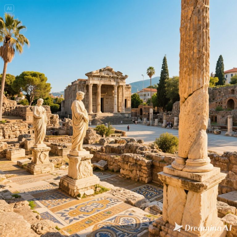 Ilustrasi wisata sejarah di Antalya dengan Gerbang Hadrian, Teater Aspendos, dan kota kuno Side.