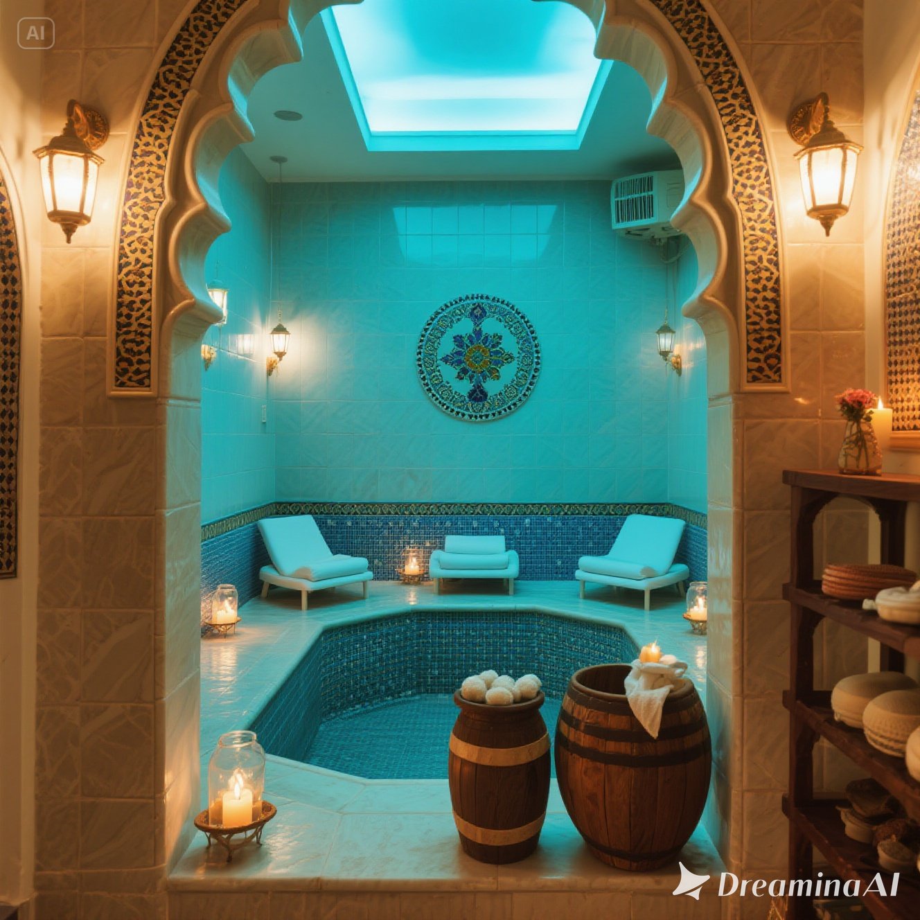 Ilustrasi hammam tradisional di Antalya dengan interior marmer khas Turki.