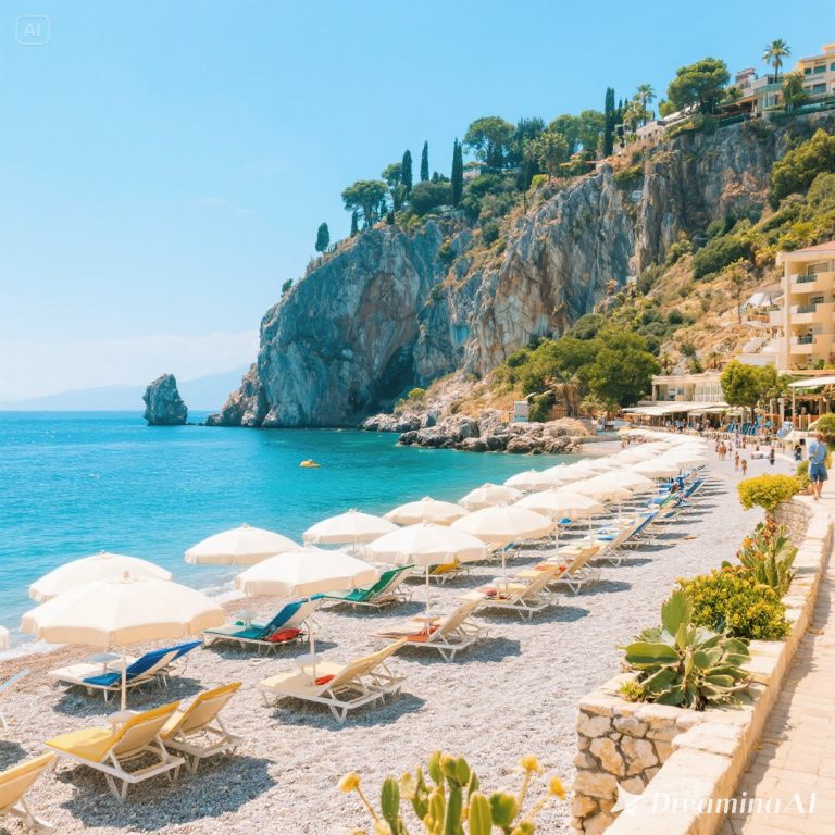"Pemandangan pantai Antalya dengan laut biru dan langit cerah di musim semi.