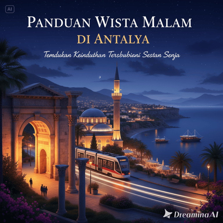 Kolase wisata malam Antalya, Kaleiçi, restoran tepi laut, marina, dan pertunjukan budaya.