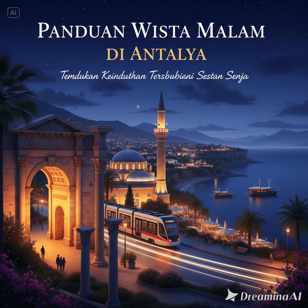 Kolase wisata malam Antalya, Kaleiçi, restoran tepi laut, marina, dan pertunjukan budaya.