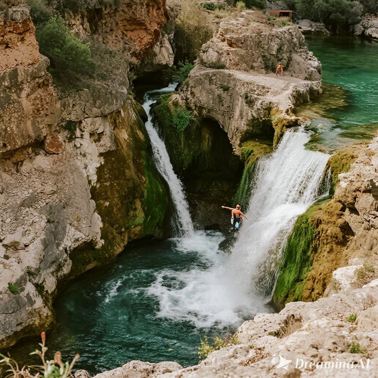 Kolase air terjun indah di sekitar Antalya dengan traveler menikmati aktivitas alam.