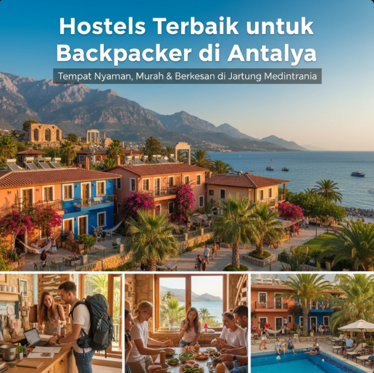 Backpacker berbicara bersama di teras rooftop hostel di kota tua Antalya dengan latar laut Mediterania senja.