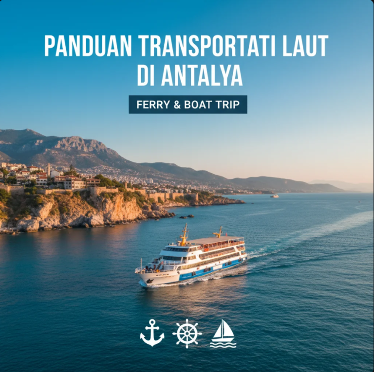 Pemandangan pelabuhan Antalya dengan kapal ferry dan boat wisata di bawah langit biru Mediterania.