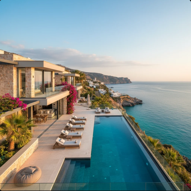 Villa private di Antalya dengan infinity pool menghadap Laut Mediterania dan pemandangan matahari terbenam.