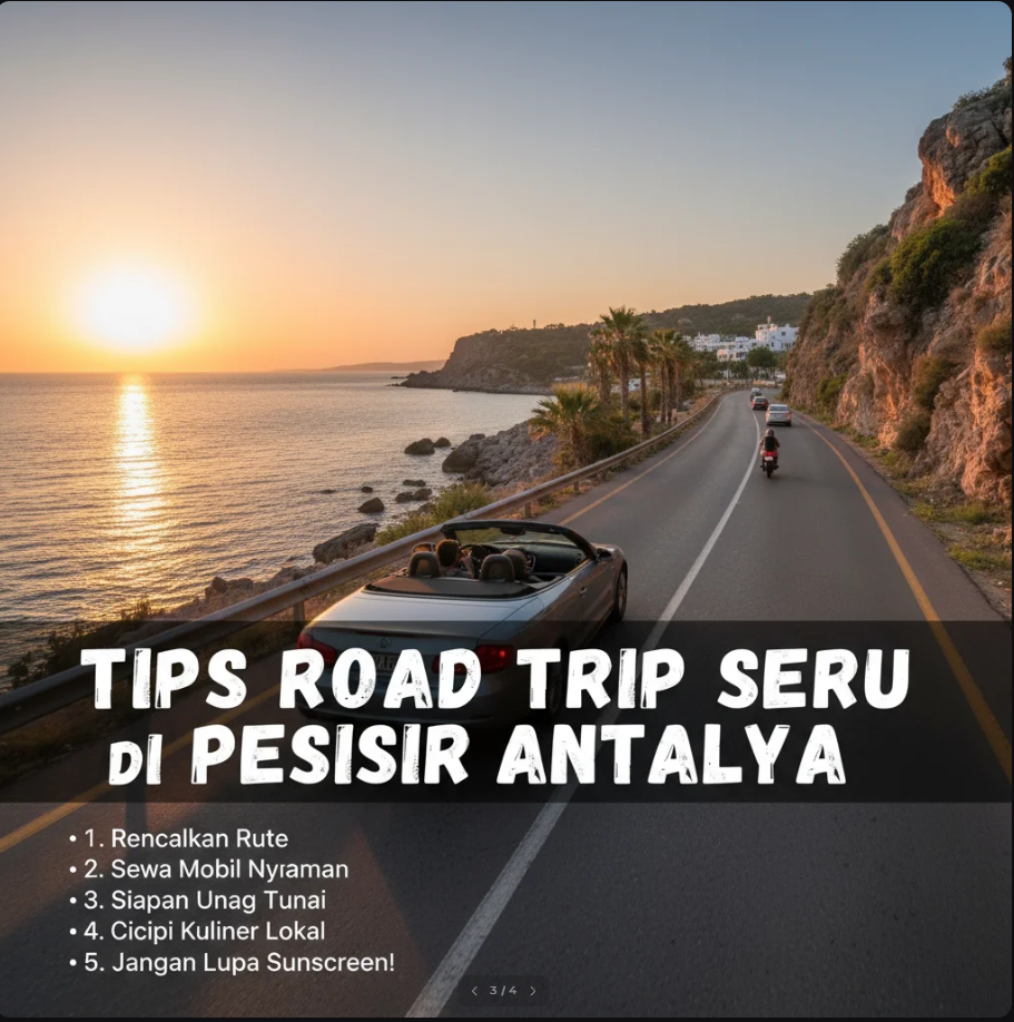 Mobil melaju di jalan pesisir Antalya dengan pemandangan laut biru dan tebing berbatu di bawah langit cerah.