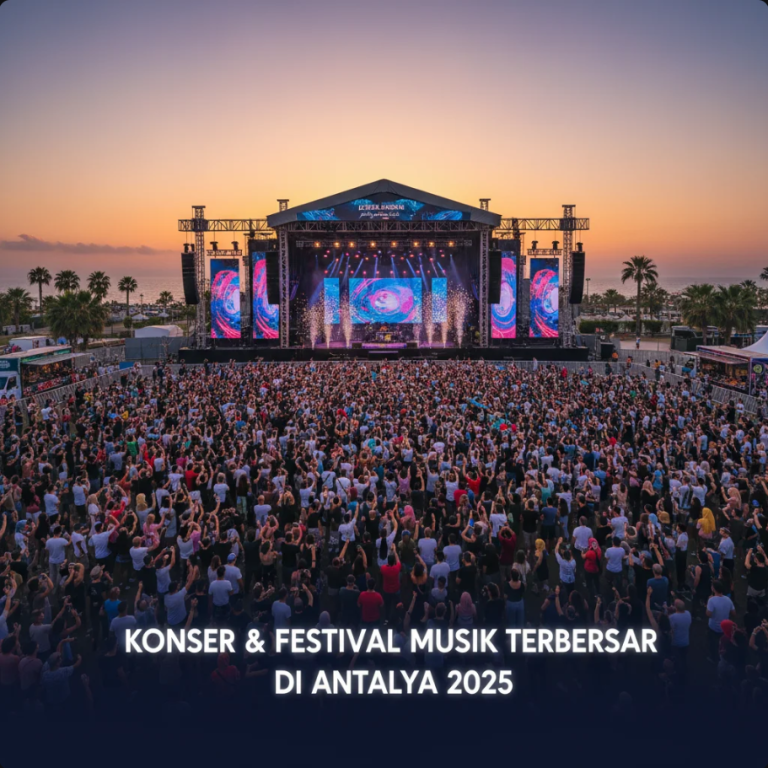 Panggung terbuka di tepi pantai Antalya dengan lampu festival dan ribuan penonton menikmati konser malam.