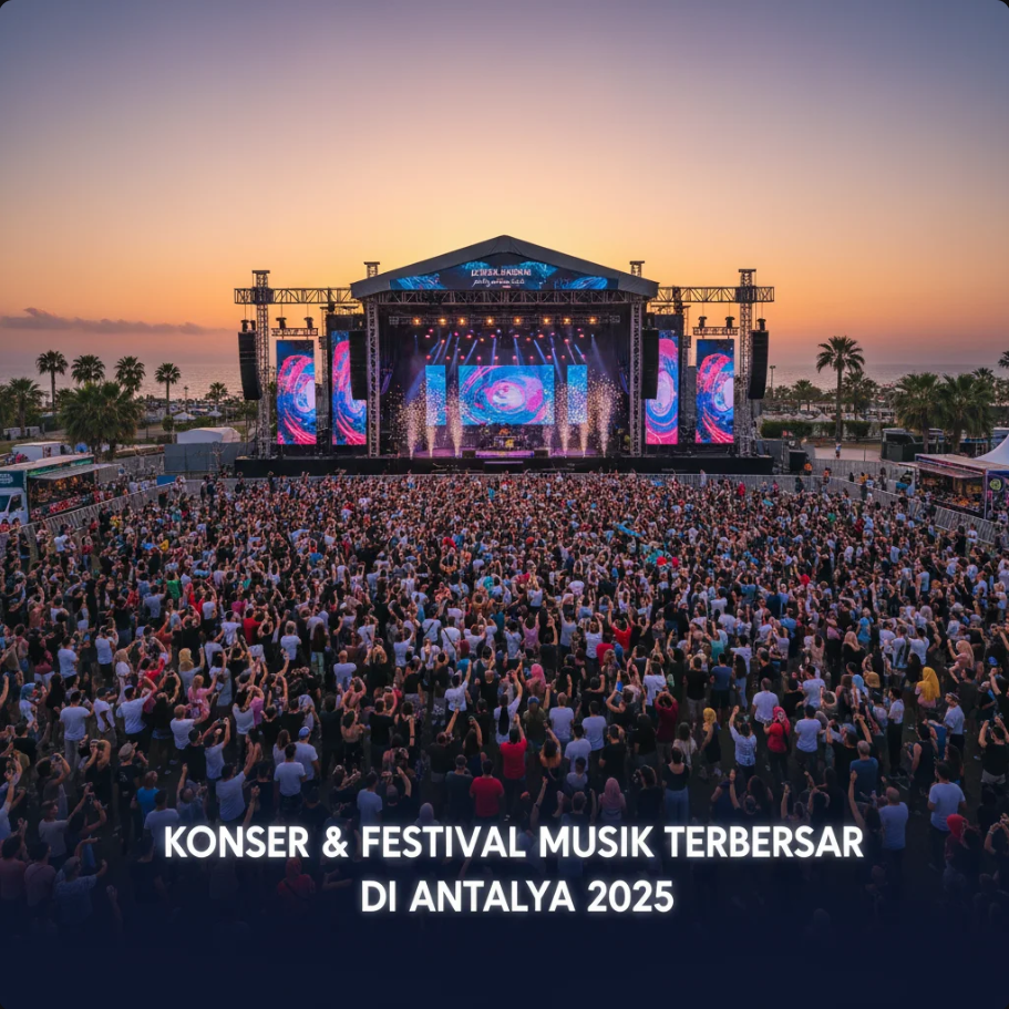 Panggung terbuka di tepi pantai Antalya dengan lampu festival dan ribuan penonton menikmati konser malam.