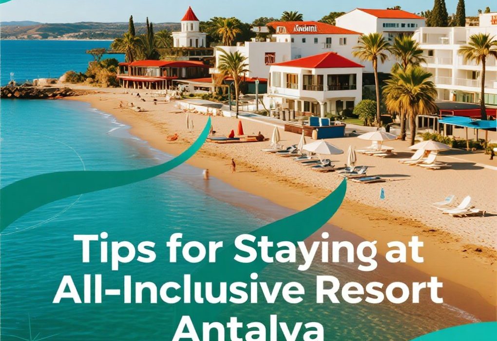 Resort all-inclusive di Antalya dengan pemandangan laut Mediterania, kolam renang, dan pantai berpasir.