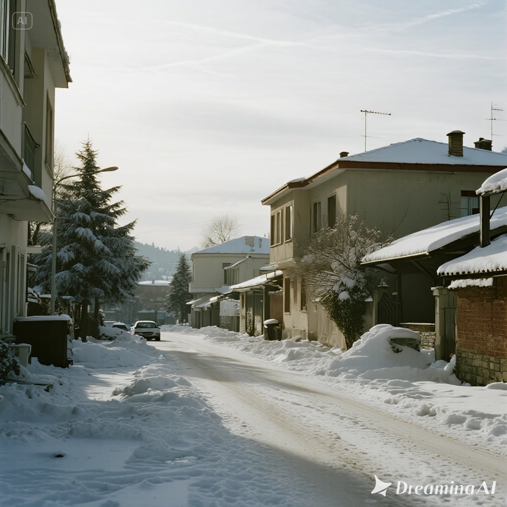 Ilustrasi kota Antalya di musim dingin dengan pemandangan pantai, gunung bersalju, dan kota tua.