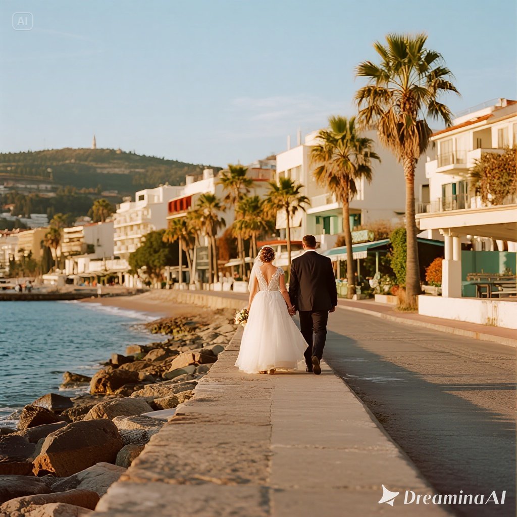 Pasangan menikmati honeymoon romantis di Antalya dengan pantai dan sunset Mediterania.