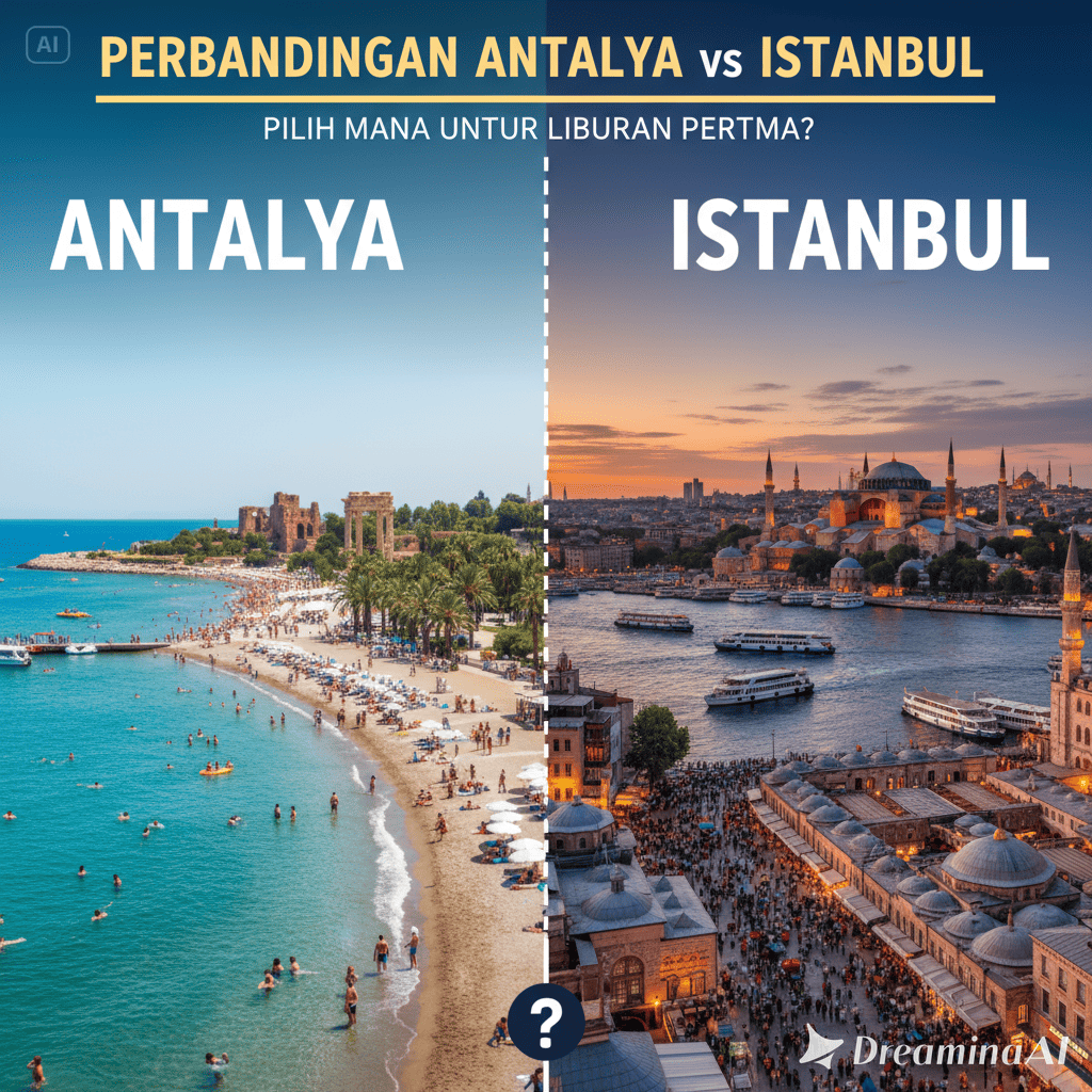 Kolase foto Antalya dengan pantai biru dan Istanbul dengan Hagia Sophia, menggambarkan perbandingan destinasi liburan.