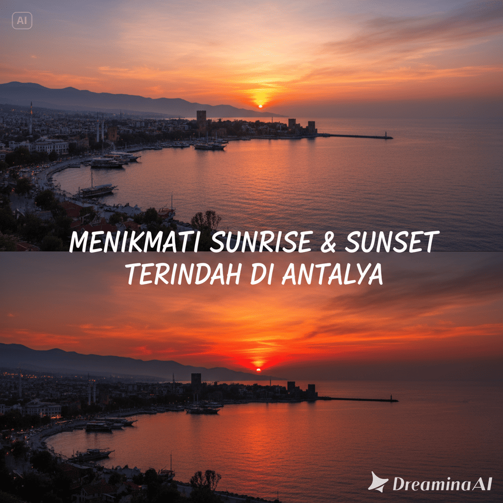 Pemandangan sunrise dan sunset indah di Antalya dengan laut Mediterania dan pegunungan Taurus.