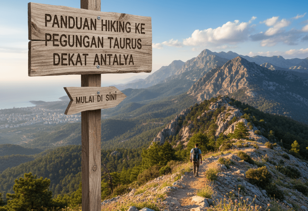 Ilustrasi pendaki hiking di Pegunungan Taurus dekat Antalya dengan pemandangan pegunungan dan laut.