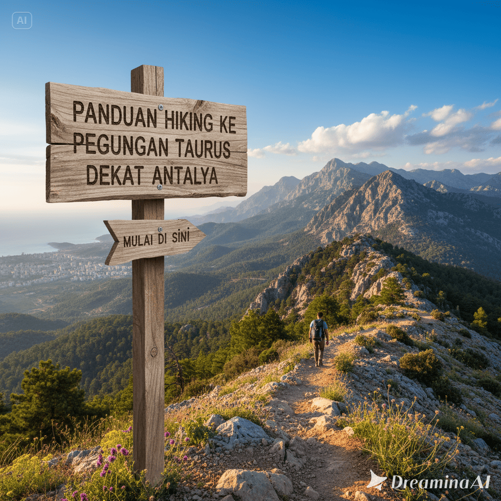 Ilustrasi pendaki hiking di Pegunungan Taurus dekat Antalya dengan pemandangan pegunungan dan laut.