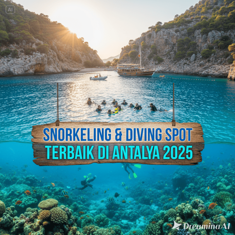 Ilustrasi snorkeling dan diving di Antalya, menampilkan air jernih, ikan berwarna-warni, dan formasi batu bawah laut.
