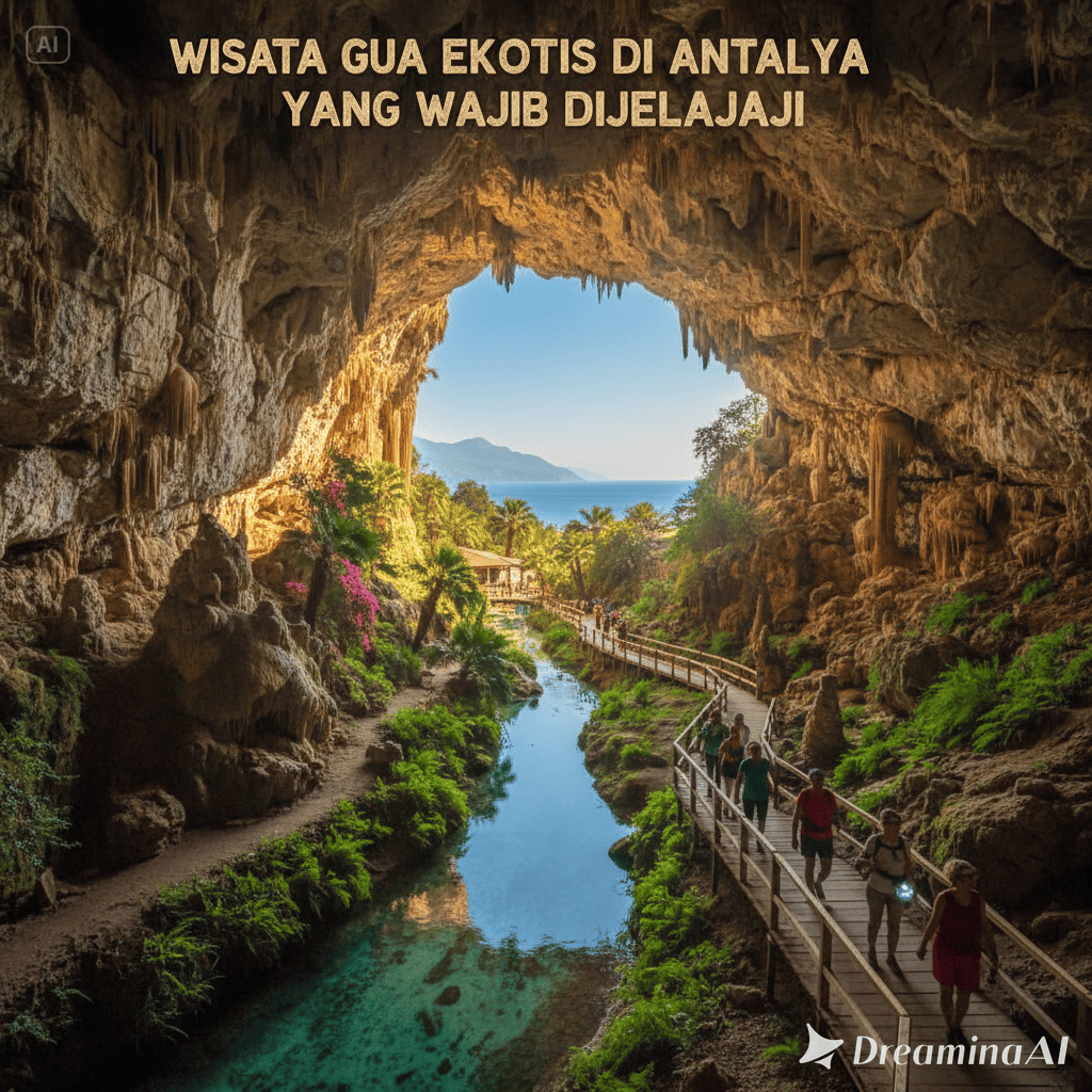 Ilustrasi wisata gua eksotis di Antalya dengan stalaktit dan cahaya alami.