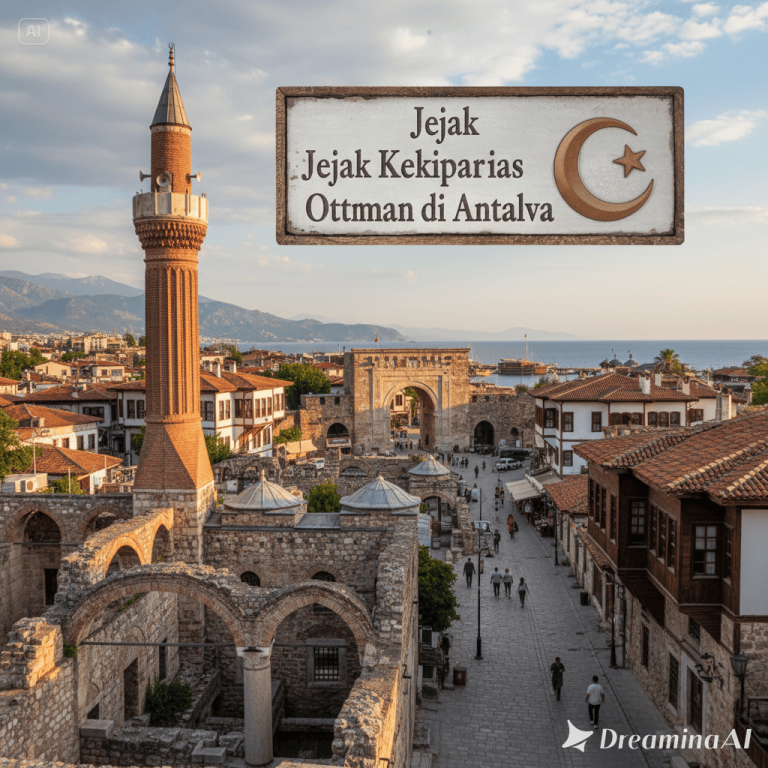 Pemandangan Kaleiçi Antalya dengan rumah bergaya Ottoman dan menara masjid bersejarah.