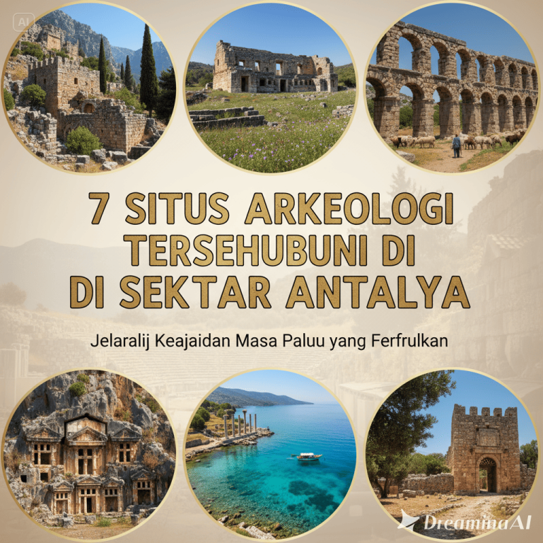 Ilustrasi situs arkeologi kuno di Antalya dengan teater Romawi dan reruntuhan kota kuno.