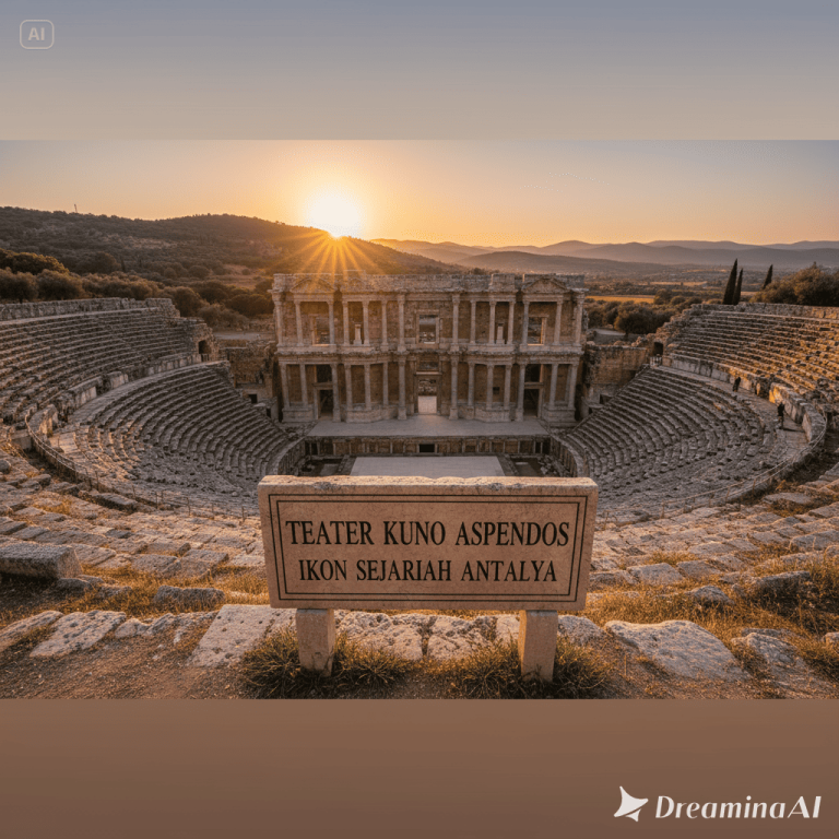 Ilustrasi Teater Kuno Aspendos di Antalya dengan langit senja dan arsitektur Romawi klasik.