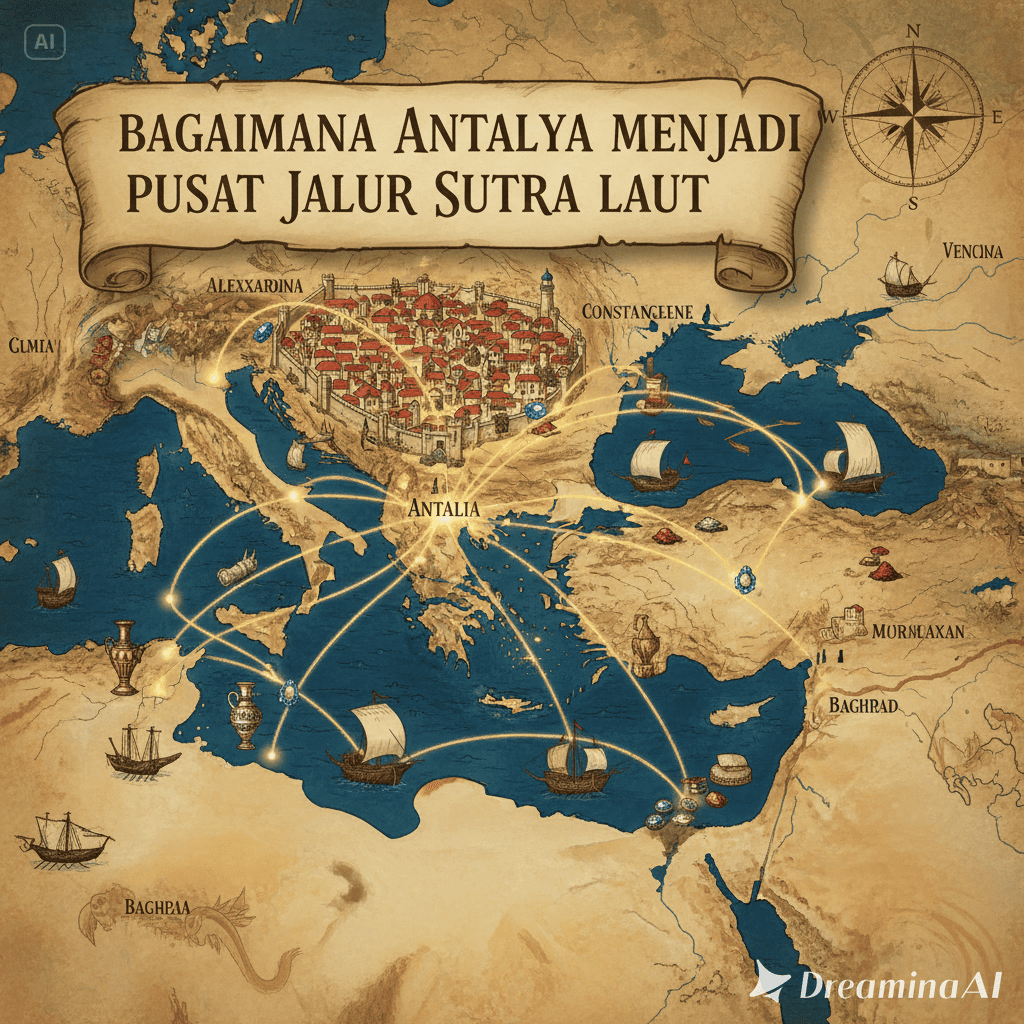 Ilustrasi pelabuhan kuno Antalya dengan kapal dagang di Laut Tengah.