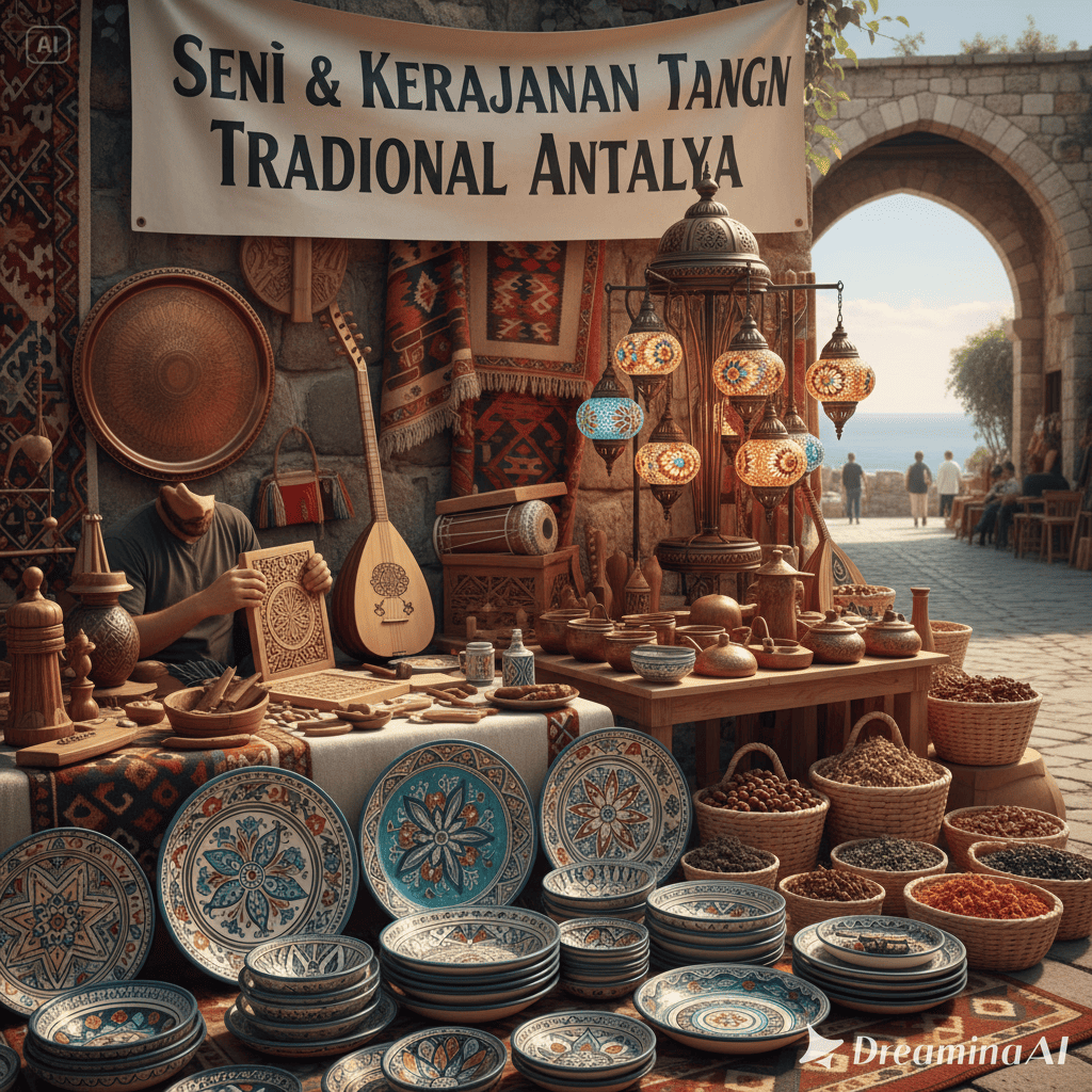 Ilustrasi pengrajin tradisional di Antalya sedang menenun karpet dan membuat keramik di bengkel seni.