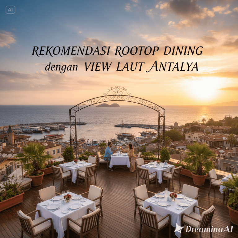 Meja dining di rooftop dengan view laut Mediterania di Antalya, teras kayu, lampu lembut, dan langit senja.