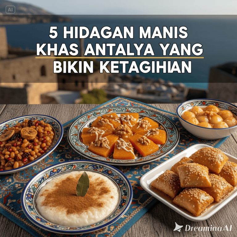 Ilustrasi berbagai dessert khas Antalya seperti künefe, lokma, dan baklava di atas meja bergaya Mediterania.