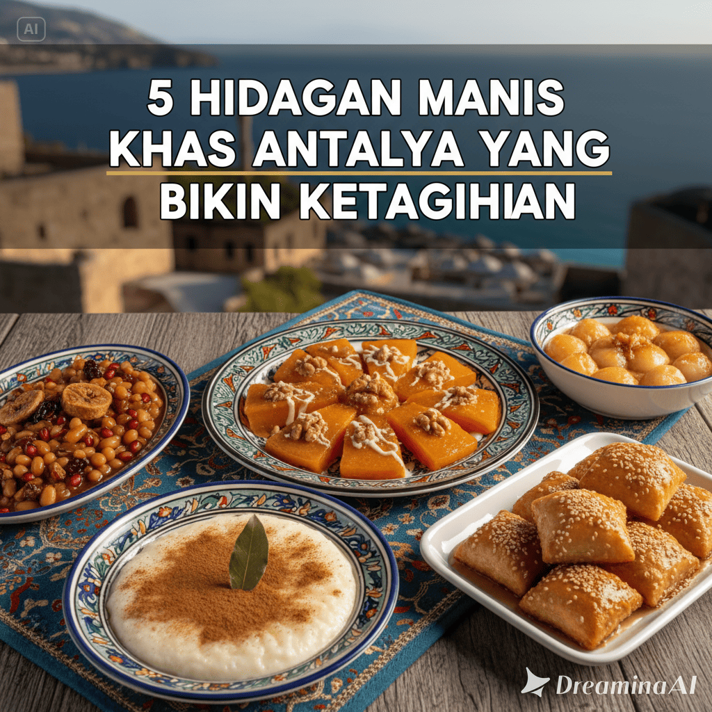 Ilustrasi berbagai dessert khas Antalya seperti künefe, lokma, dan baklava di atas meja bergaya Mediterania.