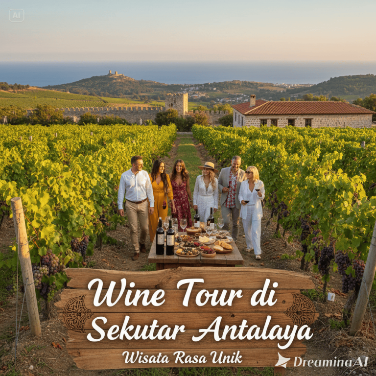 Kebun anggur di pegunungan sekitar Antalya dengan pemandangan matahari sore dan segelas wine di meja kayu.