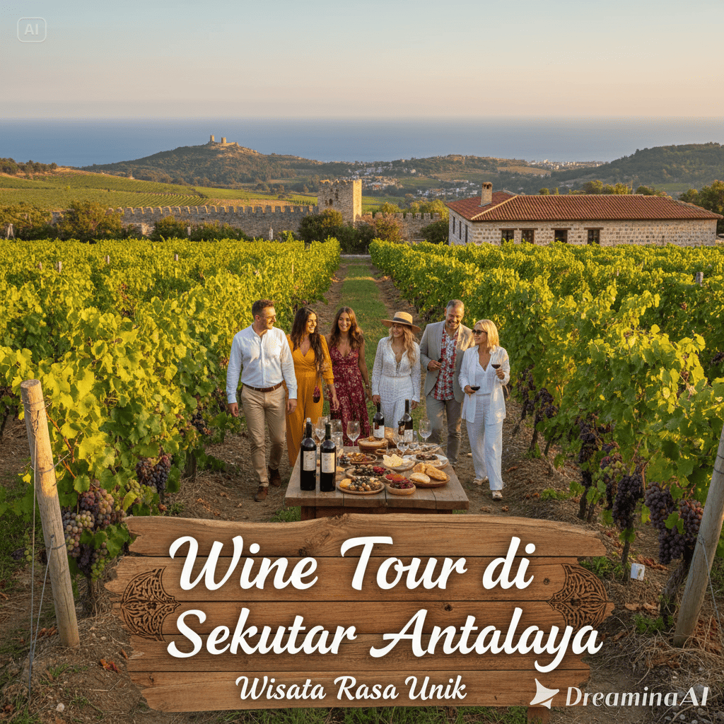 Kebun anggur di pegunungan sekitar Antalya dengan pemandangan matahari sore dan segelas wine di meja kayu.