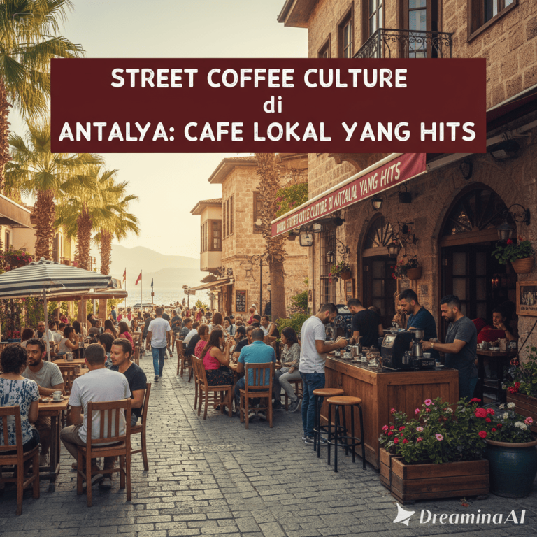 Kafe jalanan di Antalya dengan pelanggan duduk di luar menikmati kopi dan pemandangan kota tua.