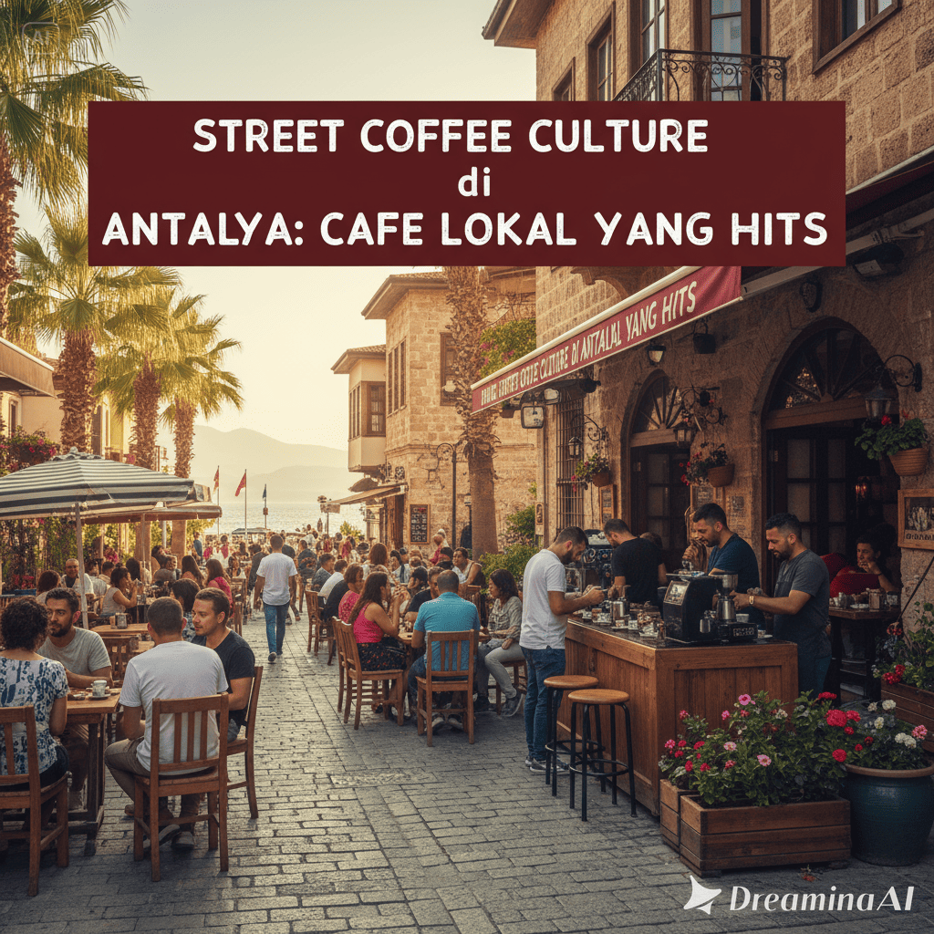 Kafe jalanan di Antalya dengan pelanggan duduk di luar menikmati kopi dan pemandangan kota tua.