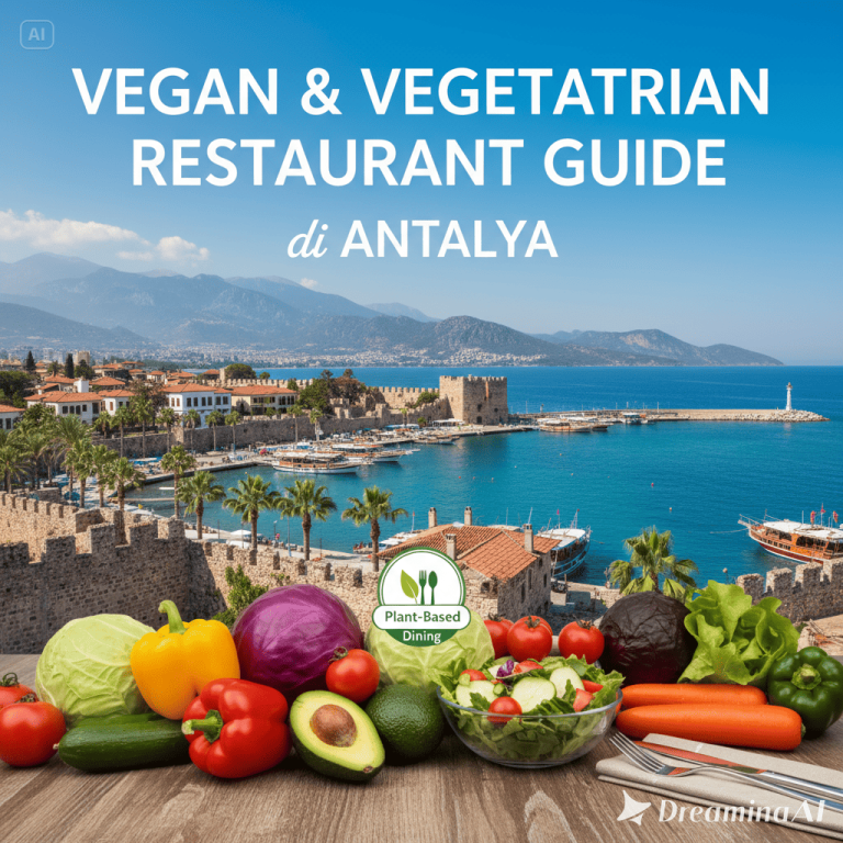 Restoran vegan modern di Antalya dengan pemandangan laut, meja kayu, dan sajian salad segar berwarna cerah.