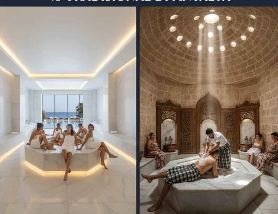 Seorang wanita menikmati sesi hammam di ruangan marmer dengan uap hangat di Antalya.