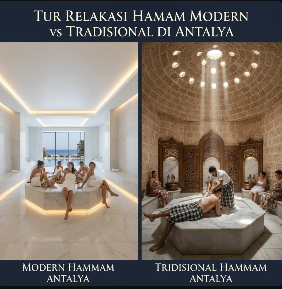 Seorang wanita menikmati sesi hammam di ruangan marmer dengan uap hangat di Antalya.