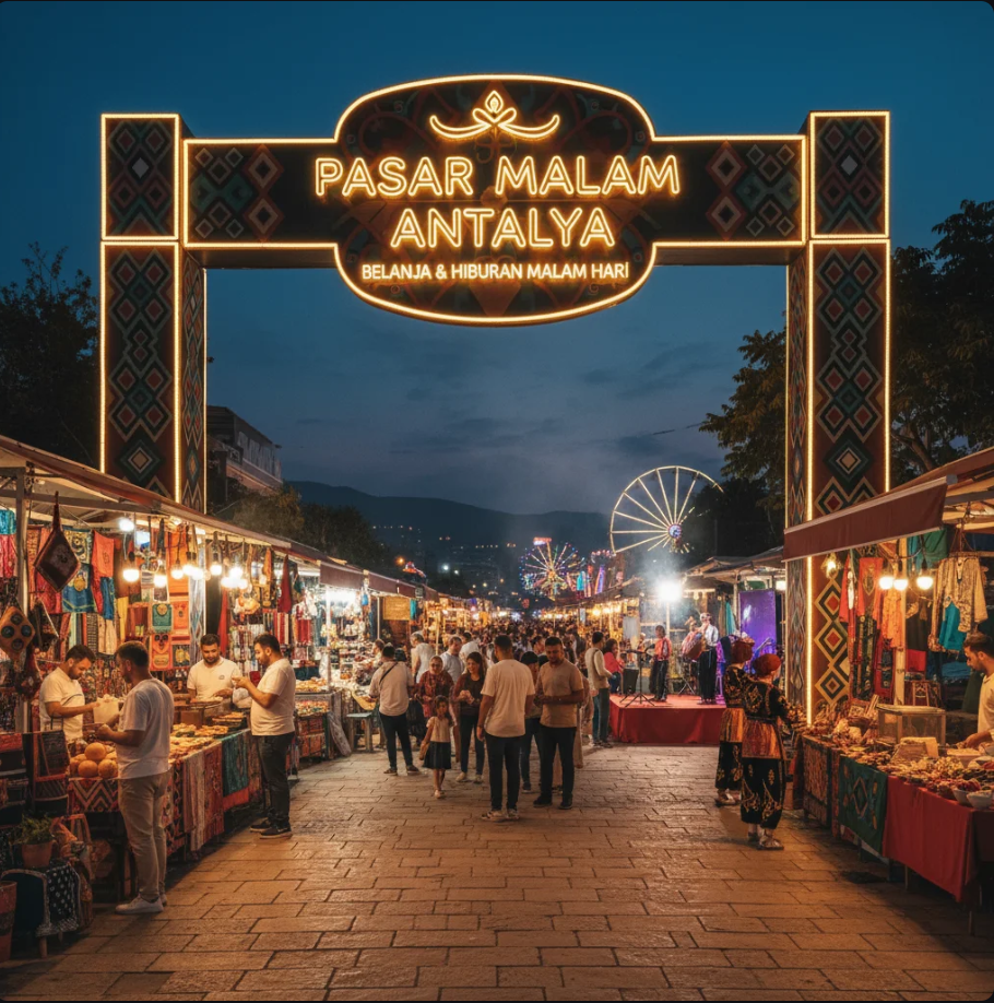 Suasana pasar malam Antalya dengan lampu warna-warni, kios suvenir, dan pengunjung berjalan di antara pedagang lokal.
