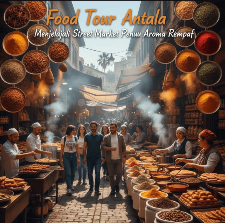 Food tour Antalya dengan suasana street market penuh rempah dan makanan khas Turki.