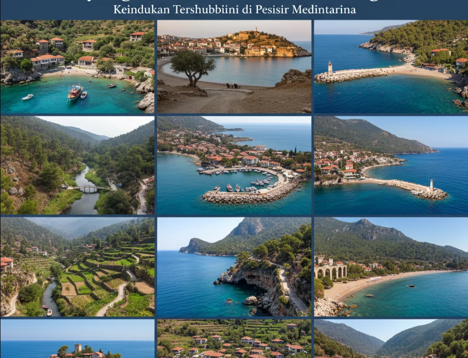 Pemandangan desa tepi laut di Antalya dengan perahu nelayan dan pegunungan di latar belakang.