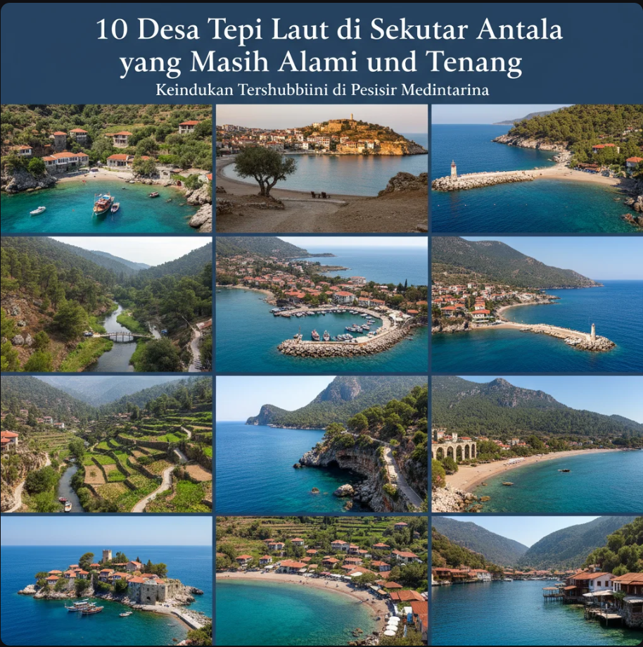 Pemandangan desa tepi laut di Antalya dengan perahu nelayan dan pegunungan di latar belakang.