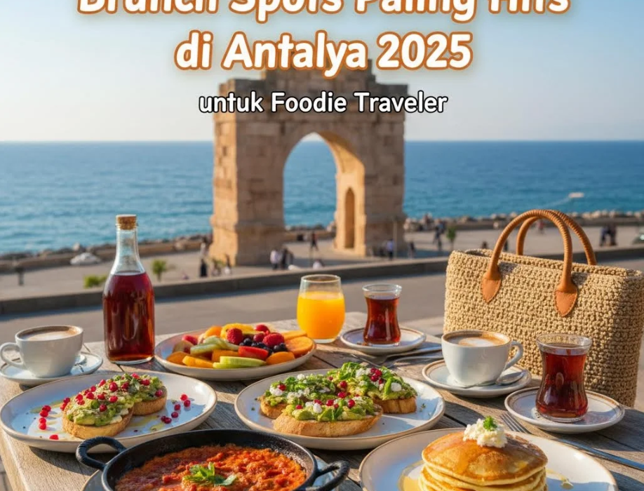 Meja brunch di kafe pinggir laut di Antalya dengan piring menemen, roti, dan segelas teh.