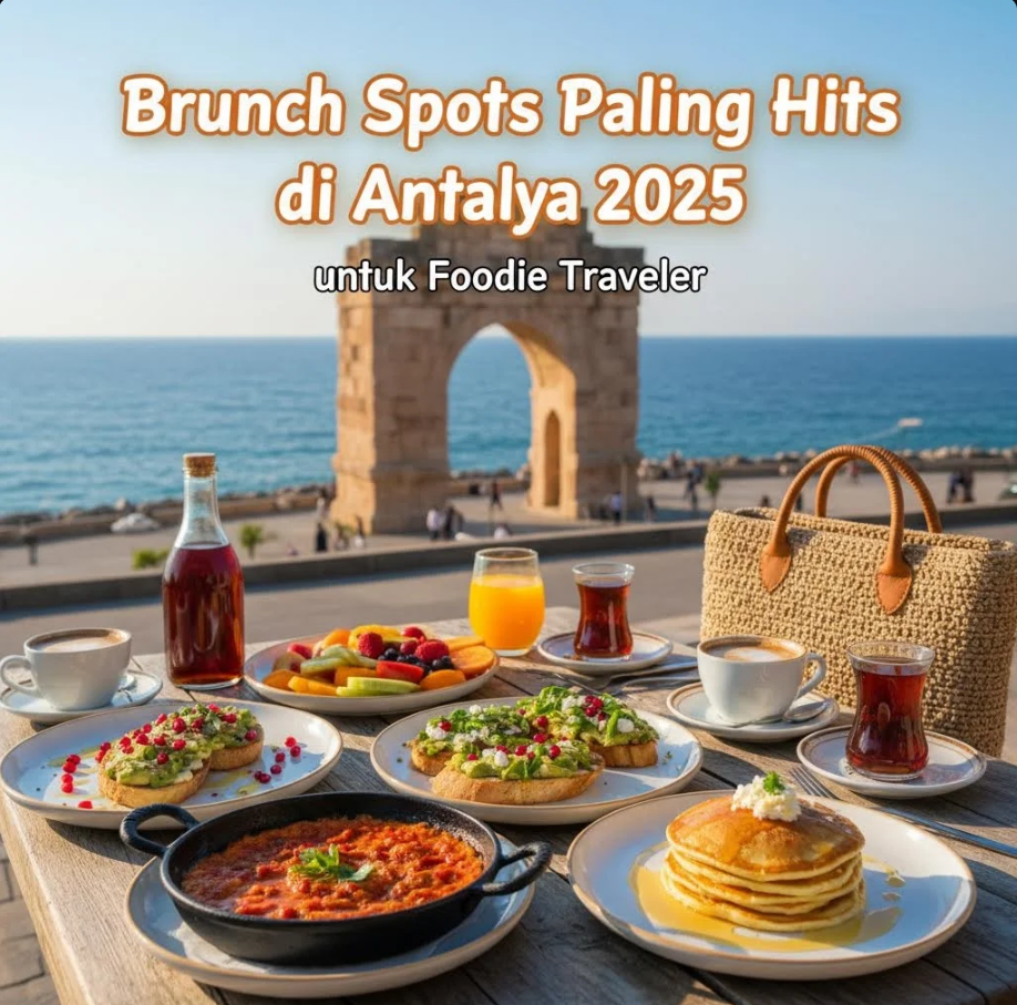 Meja brunch di kafe pinggir laut di Antalya dengan piring menemen, roti, dan segelas teh.