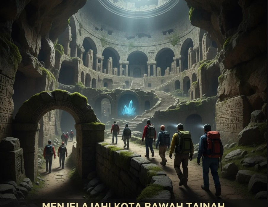 Lorong batu berlampu lembut di kota bawah tanah dekat Antalya, Turki, dengan suasana misterius dan eksotis.