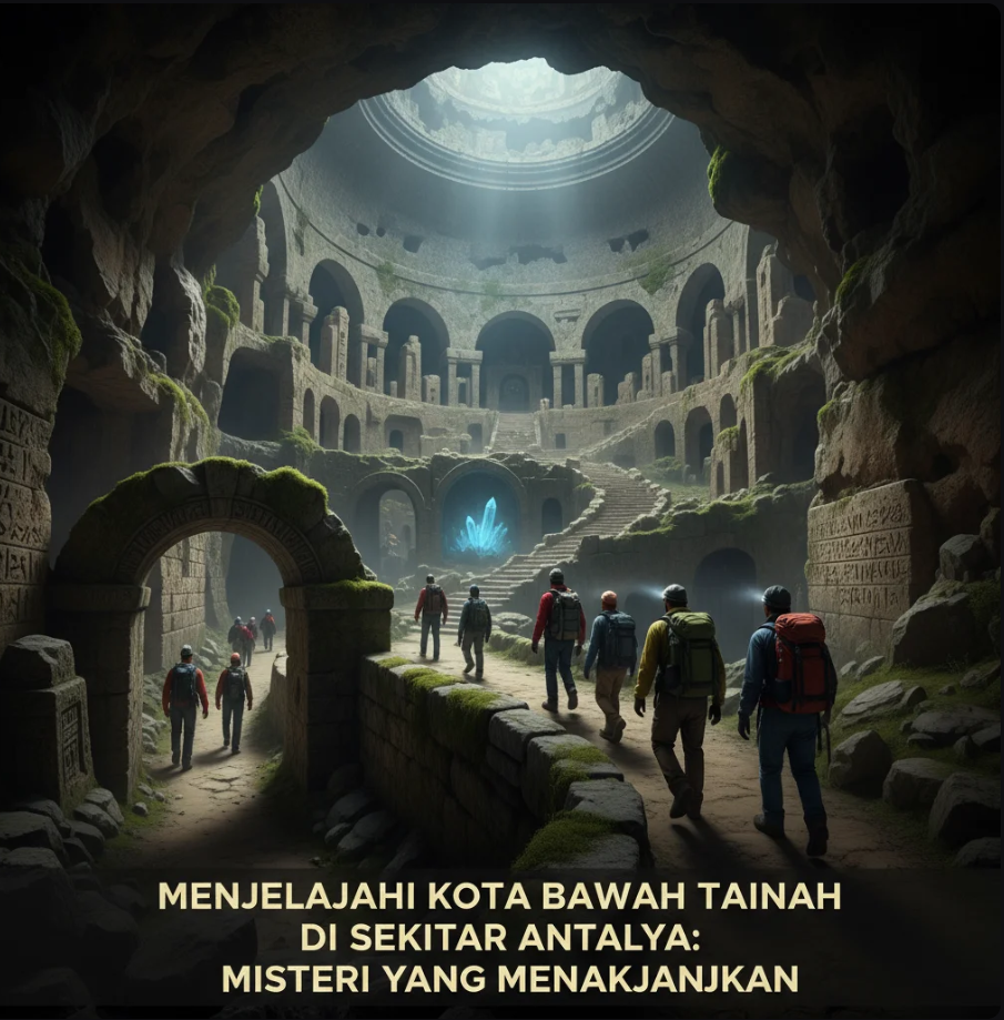 Lorong batu berlampu lembut di kota bawah tanah dekat Antalya, Turki, dengan suasana misterius dan eksotis.